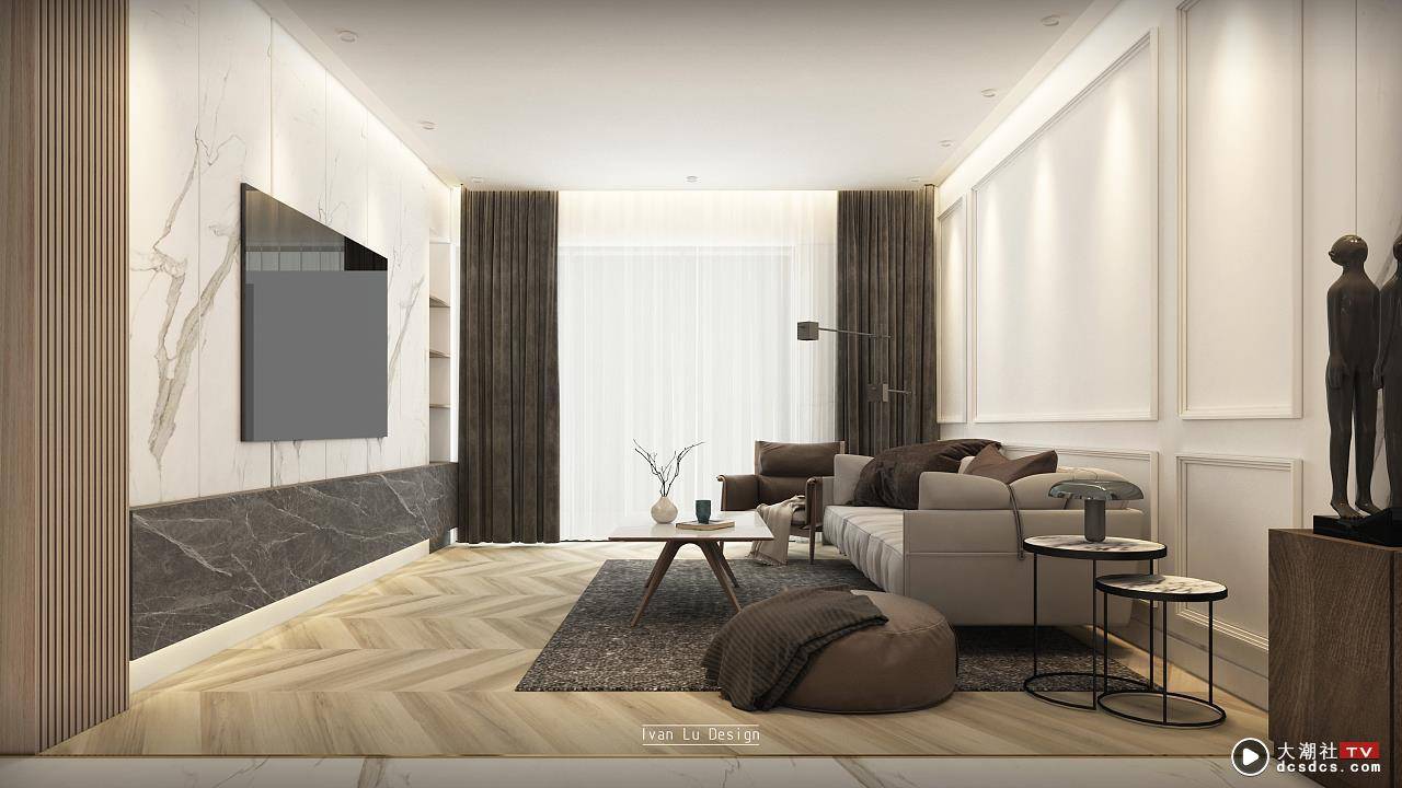 沙发简欧木饰线背景与电视背景简约的线条形成对比，木饰面收口造型与玄关木格栅相互呼应。